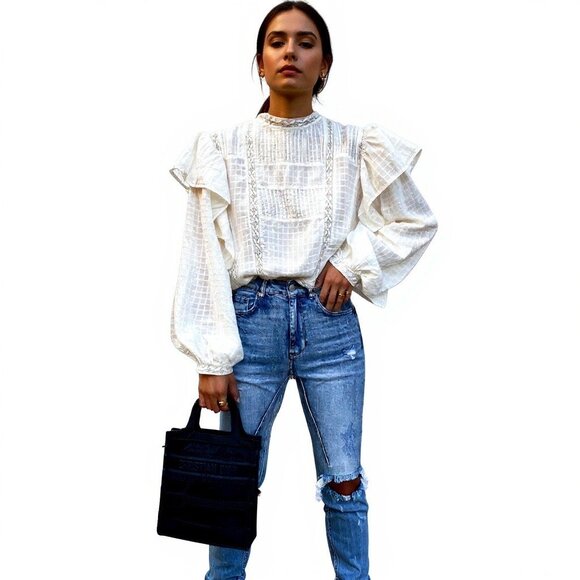 Zara Lace Cotton Blouse Women's Romantic Peasant Top Balloon Sleeves - Picture 2 of 12